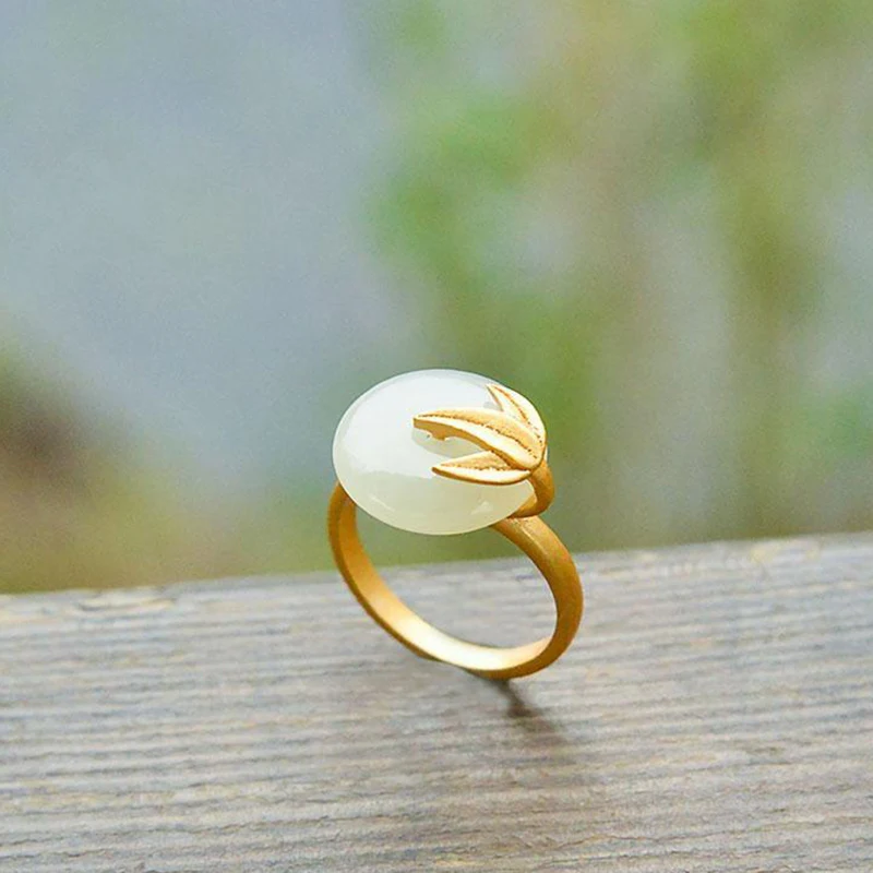 

Creative design inlaid natural Hetian white jade bamboo leaf ring opening adjustable fresh atmosphere elegant ladies jewelry