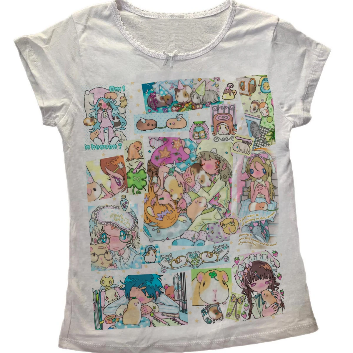 Kawaii Anime Mädchen Meerschweinchen Collage T-Shirt Damen Harajuku Pastell Cartoon Print Kurzarm T-Shirt Niedliches Y2k Damen Grafik-T-Shirt – Detail 1