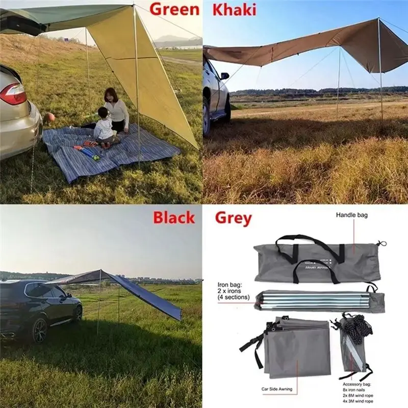 PZHI Portable Car Awning Shelter Shade Camping Side Roof Top Tent Anti-UV Sunshade Waterproof Rain Canopy Khaki