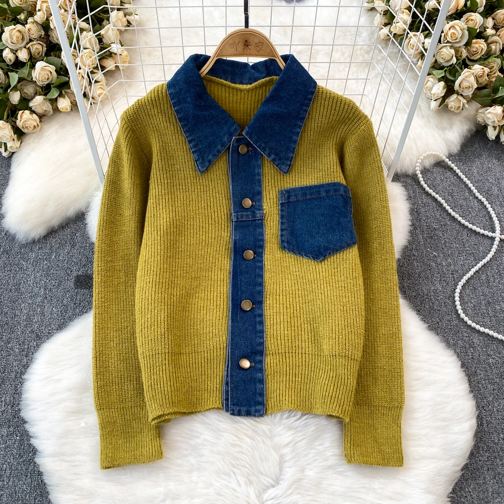 Autumn Knitted Cardigan Women Turn-down Collar Single-breasted Splicing Denim Knitwear Casual Fashion Long-sleeved Sweater Coat