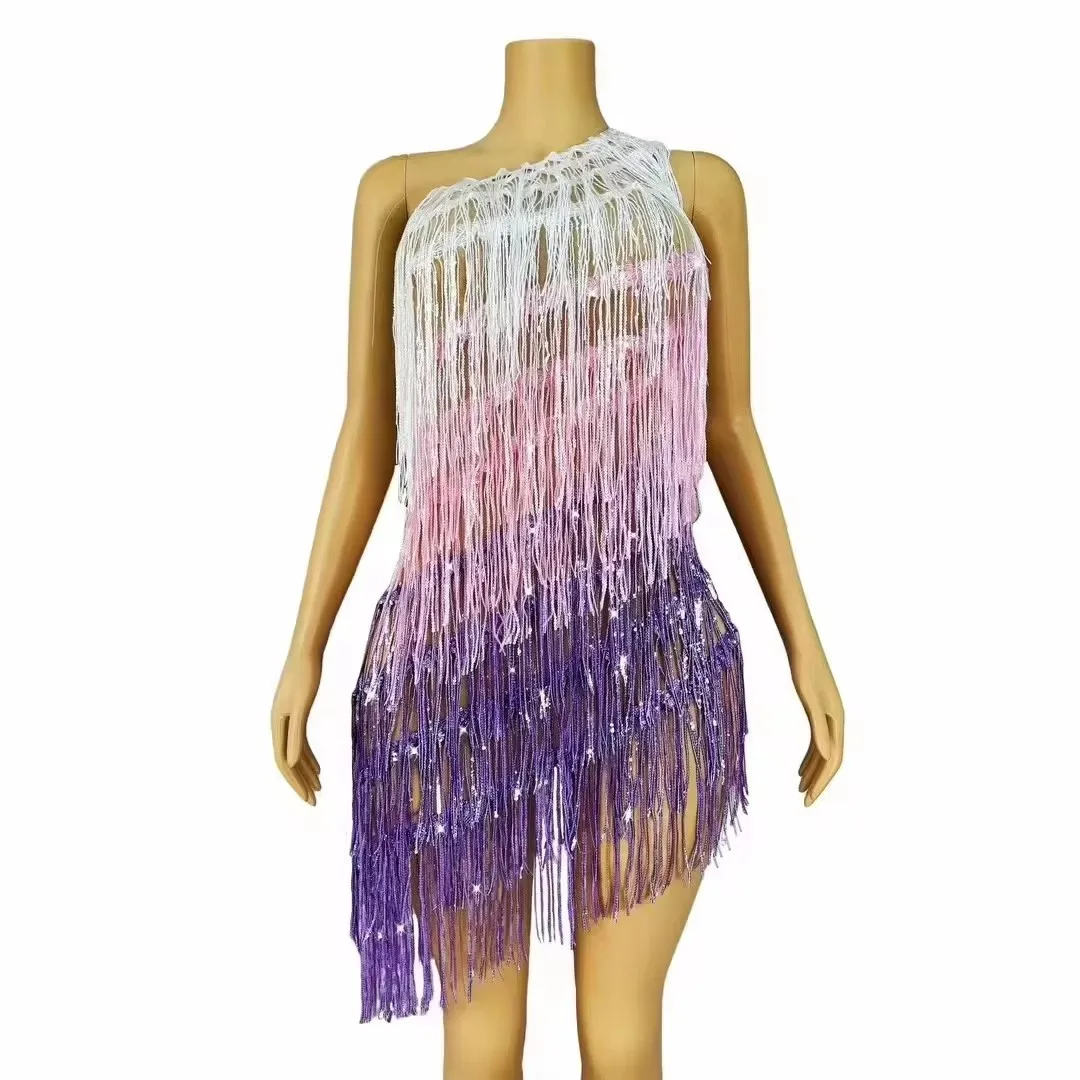 

Latin Dance One Shoulder Colorful Sequin Women Tassel Dress Mesh Fringe Dress Dancer Team Competition Stage Performance Costume