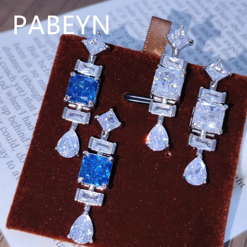 925 Sterling Silver Fashion Luxury Ice Flower Cut Zircon Square Water Drop Long Earrings Birthday Party Anniversary Gift