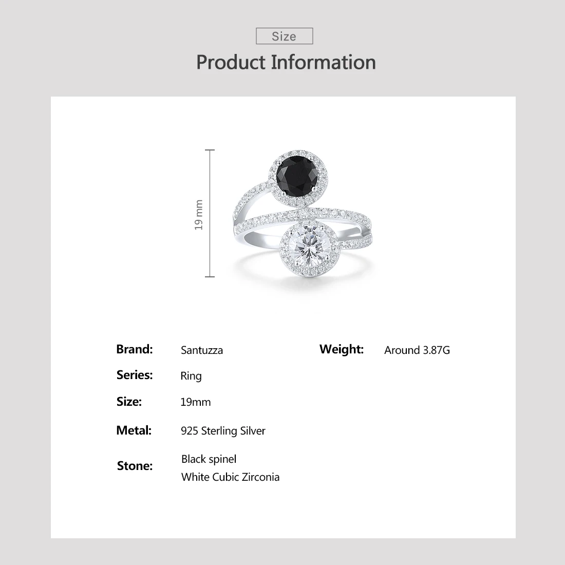 SANTUZZA 925 Sterling Silver Rings For Women Black Spinel White CZ Charming Elegant Rings Wedding Gifts Fine Fashion Jewelry - Image 3