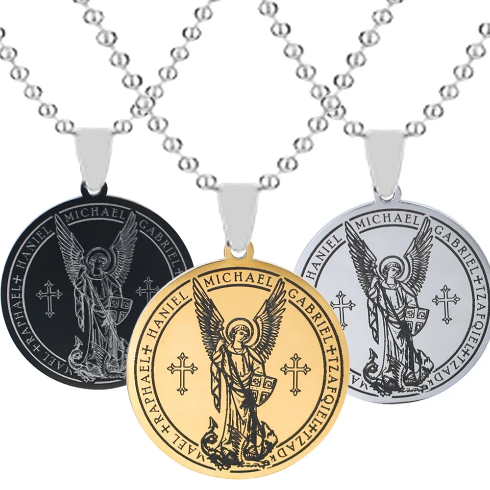 Archangel Saint Michael Necklace Protection Round Pendant Stainless Steel Chain for Men Women Amulet Jewelry