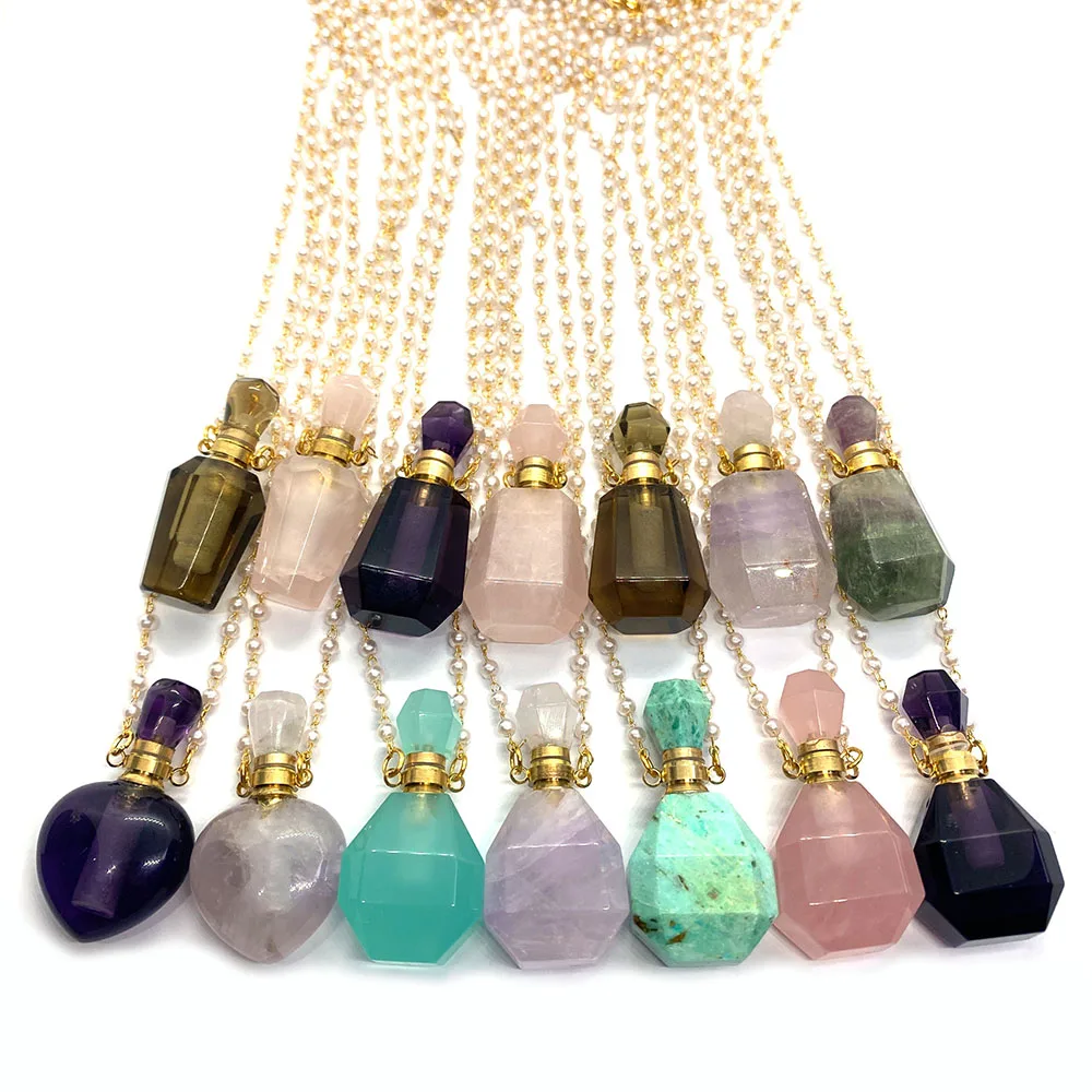 Natural Stone Perfume Bottle Necklace Amethyst Pendant Perfume Bottle Double Hole Necklace Essential Oil Aroma Diffuser Bottle