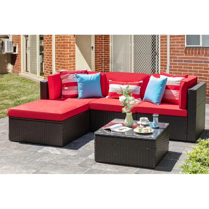 

5-Piece Small Patio Wicker Rattan Set, All-Weather Outdoor Sectional Sofa with Cushions & Glass Table, Red