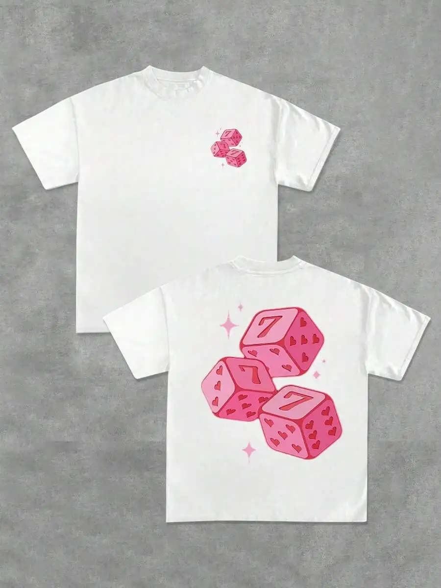 

White Cotton T-Shirt with Pink Dice & Heart Graphic Print, Casual Short Sleeve