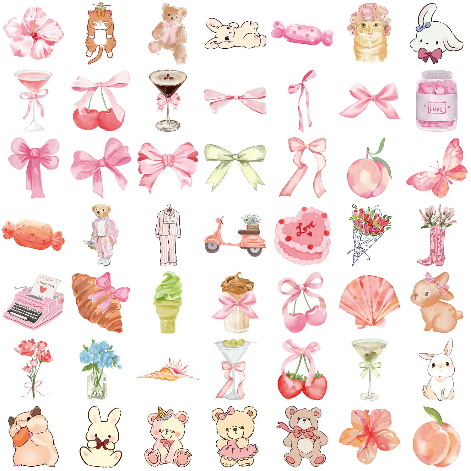 50PCS Cute Pink PVC Sticker Aesthetic Children's Decoration Scrapbooking Korean Stationery School Supplies for Kids