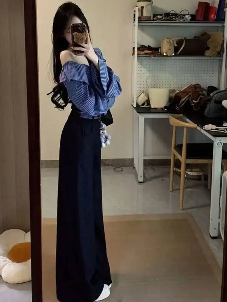 2026 봄 여성 투피스 세트 긴 소매 큰 칼라 셔츠 하이웨이스트 와이드 레그 팬츠 디자인 니치 시크 우아한 의상