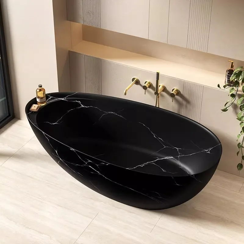 Freestanding Artificial Stone Bathtub Black Marble Texture Ergonomic Anti Yellowing Heat Preservation For Bathroom Hotel Villa