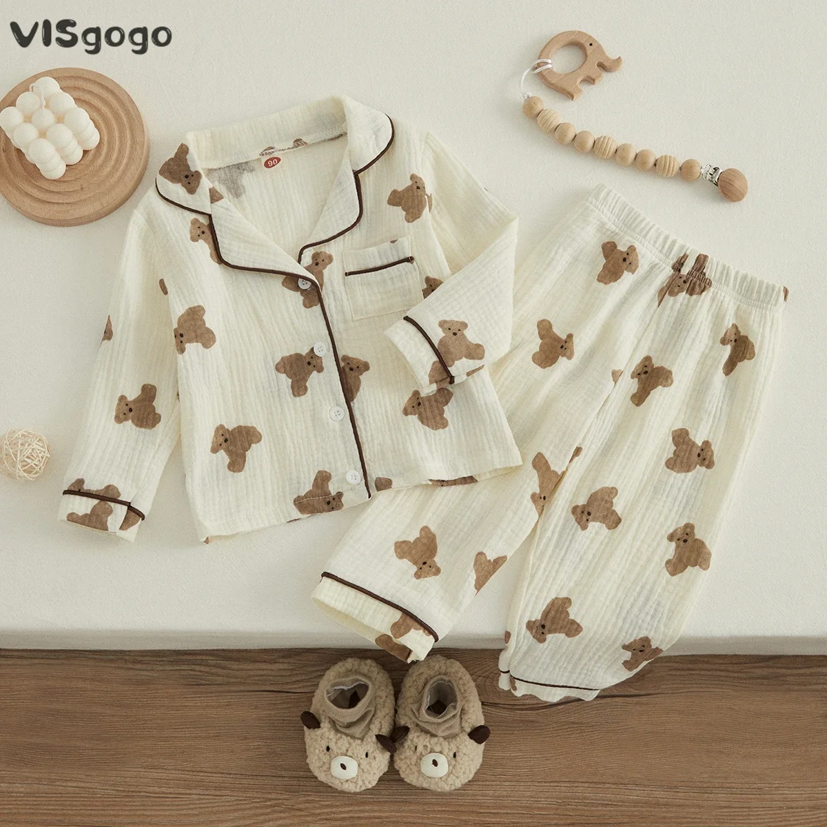 VISgogo Kids Unisex Cotton Linen Pajama Suit Bear Print Long Sleeve Front Pocket Lapel Tops Long Pants Spring Clothes Casual Set