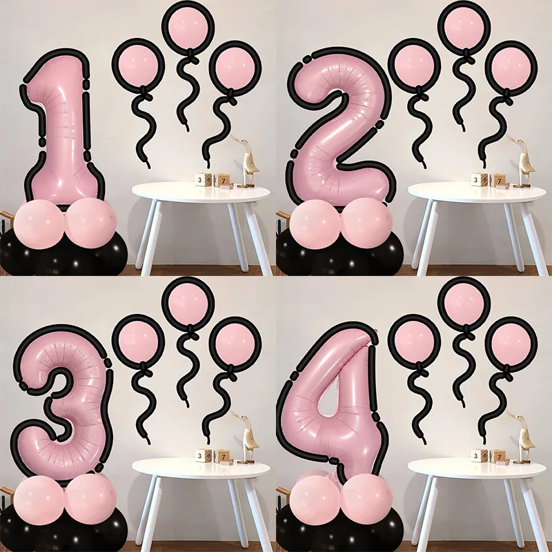 40 Zoll hellrosa digitale Luftballons 1–9 mit schwarzen langen Luftballons im Cartoon-Stil für Geburtstags- und Abschlussdekoration