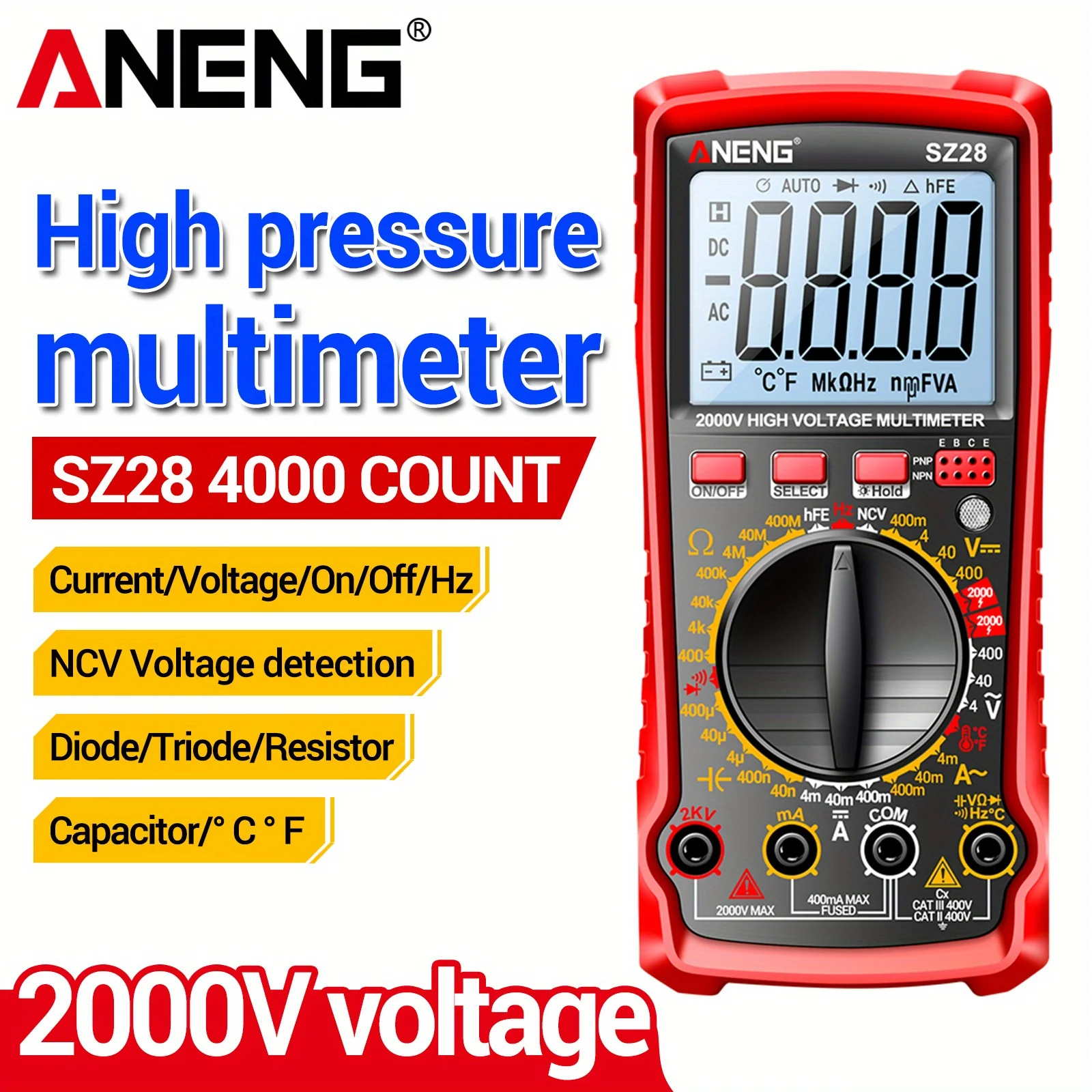 

ANENG SZ27 Intelligent Multimeter Digital AC/DC Voltage Current Tester Ohm Hz Transistor NCV Capacitance Tester Resistance Tools