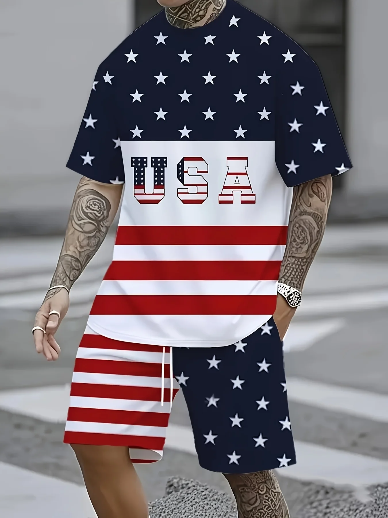 

New Streetwear Men's Shorts Set American Flag Print Short-Sleeve T-Shirt & Shorts Two-Piece Summer Loose-Fit Athletic Set