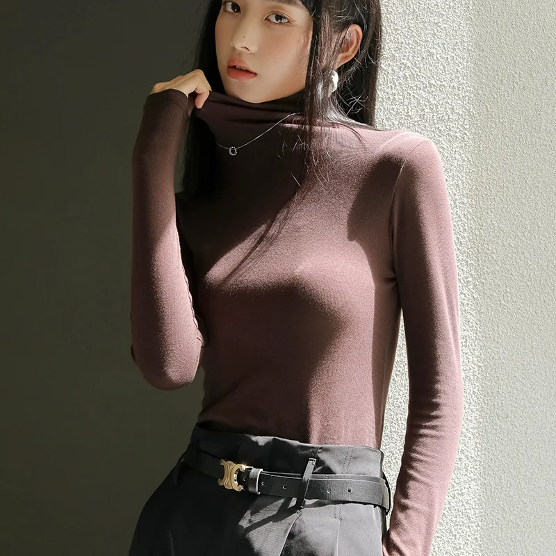 Women's Long Sleeve T-Shirts Slim Fit Modal Turtleneck Tops Solid Stretch Tees Warm Basic Pullover Women Clothing N-82601