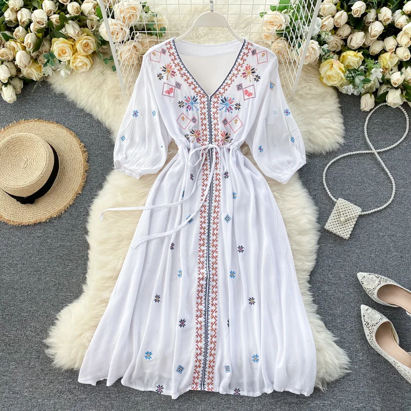 Ficusrong Women's Summer Bohemian Retro Folk Style Embroidery V Neck Tie Waist Thin Puff Sleeve Holiday Dress