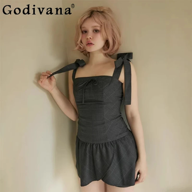 

Sexy Hot Girls Sling Dress and Shorts 2-Piece Set Summer Japanese Style Slimming Sweet Dress Set for Women Mini Plaid Dresses