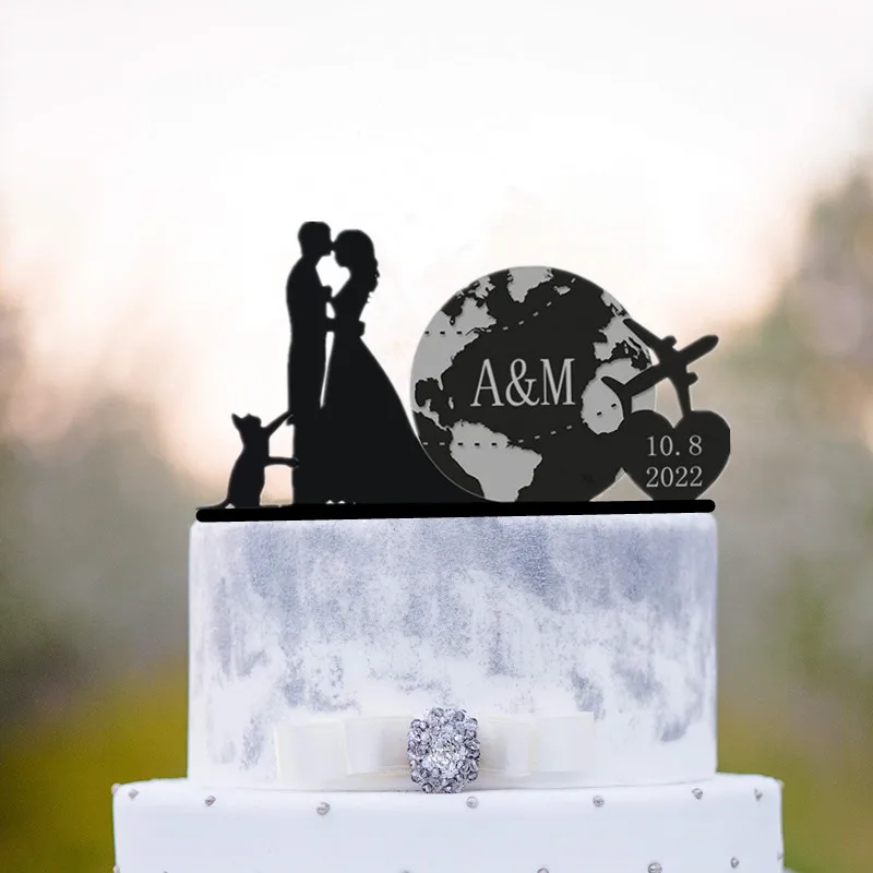 Travel Theme Personalized Cake Topper Destination Wedding Airplane Cake Topper Our Greatest Adventure Bride and Groom With Cat