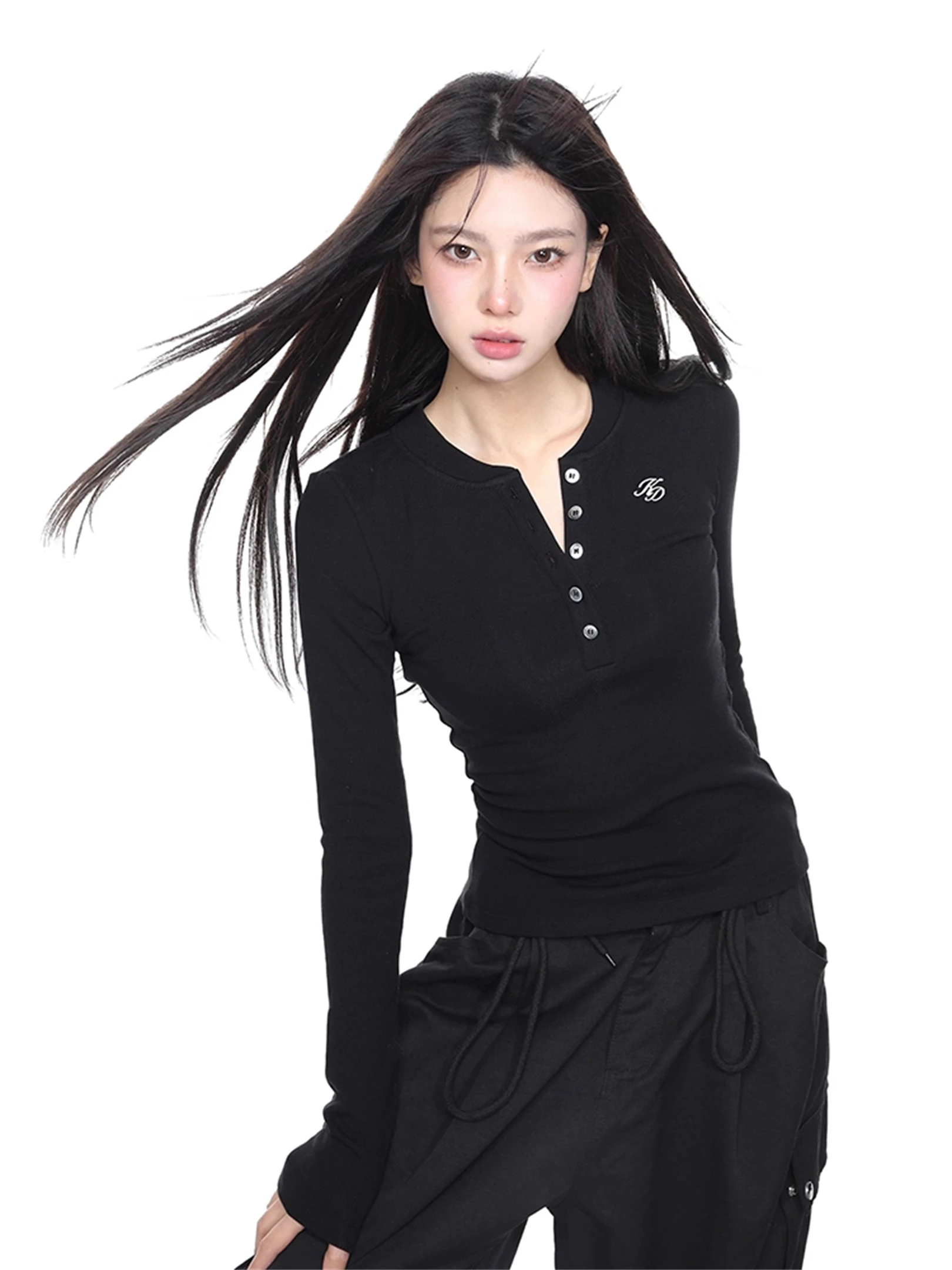 

Женская облегающая футболка больших размеров с вышивкой на пуговицах Long Sve Base irt, повседневный хлопковый топ на осень и зиму