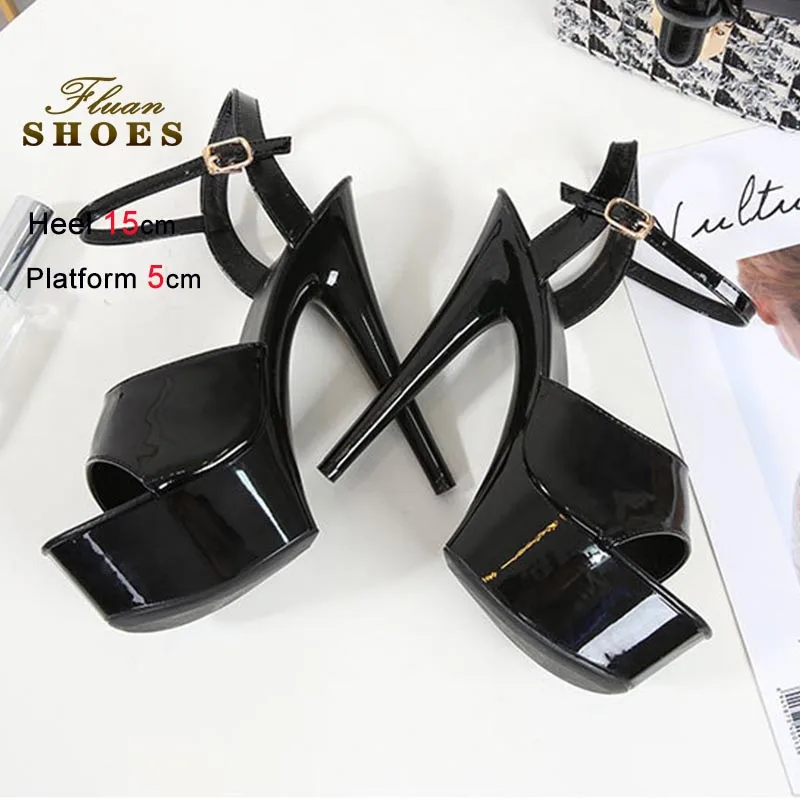 

New 15CM Super High Heels Women's Sandals Sexy Black Stiletto Thick Platform Peep-toe Sandals Nightclub Party Summer Lady Shoes