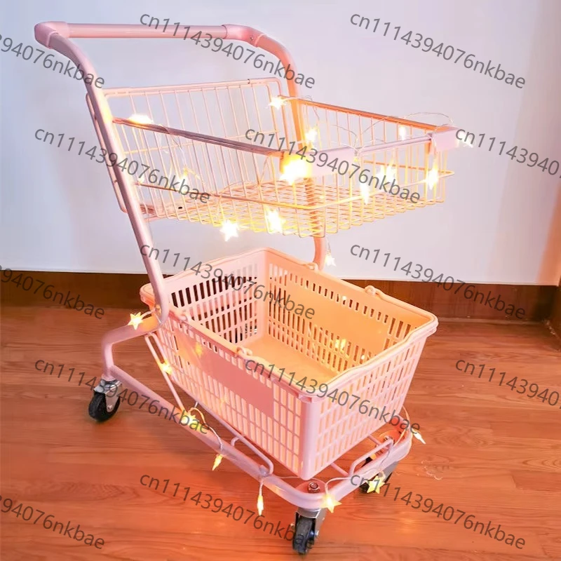 Pink Kawaii Shopping Cart, Japanese Style Double Layer Trolley, Cute Display Rack for Candy Store KTV, Instagram Photo Prop
