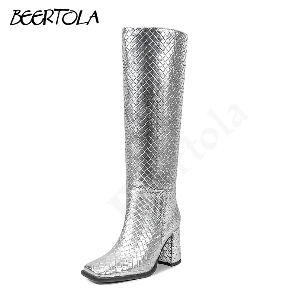 

Silver Braided Knight Boots Square Toe Thick High Heel Long Boots Slim Fit Large Tube Circumference Fashionable Women's Boots