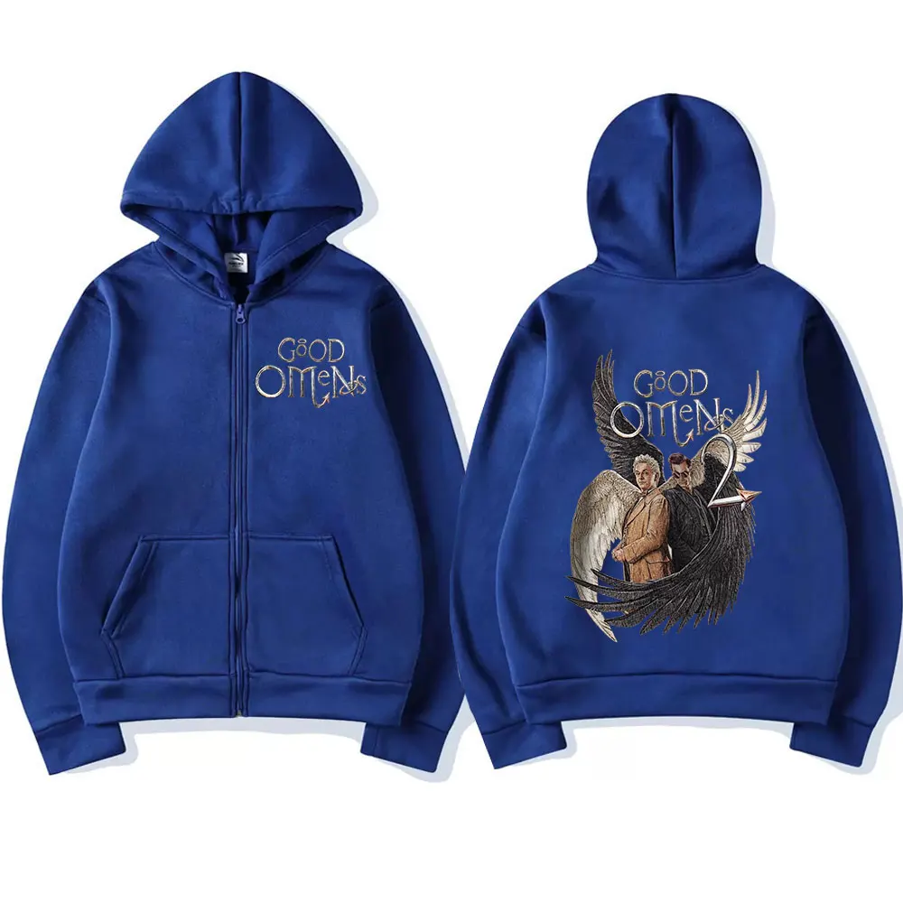 Good Omens Zipper Hoodies Men Fashion Vintage Zip Up Hooded Sweatshirt Unisex Casual Loose Oversized Pullovers Jacket Streetwear