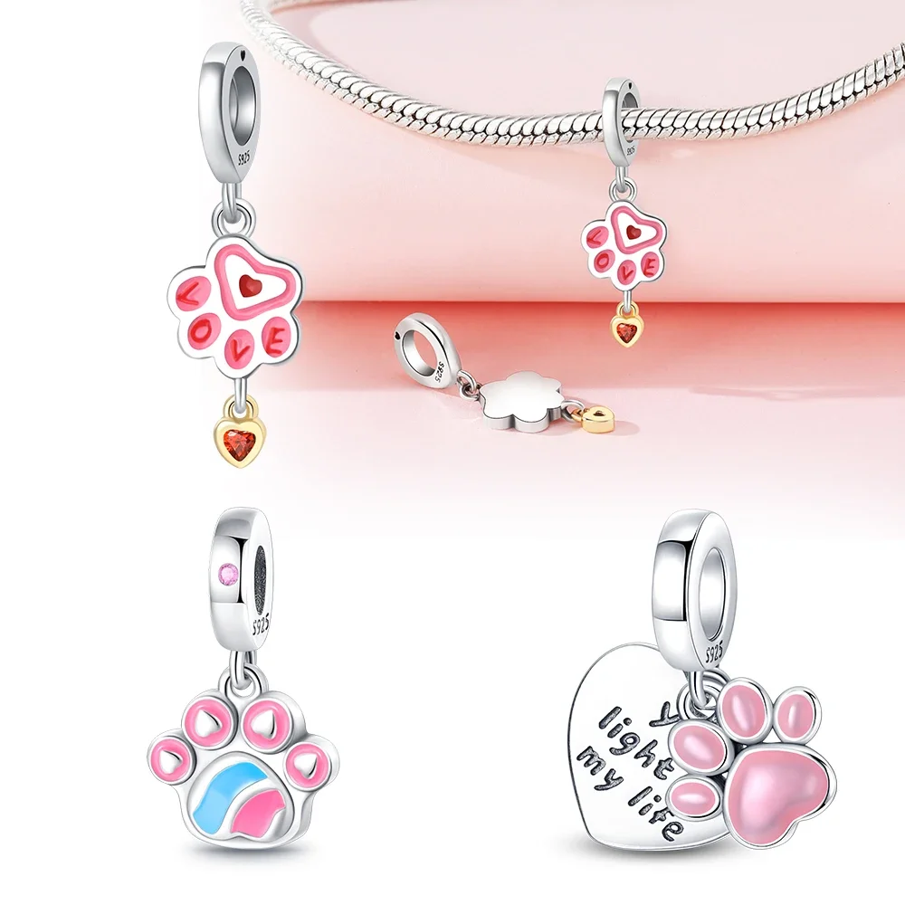 

Подвеска в форме сердца с принтом розовой лапы, стерлинговое серебро 925 пробы для подвесок, серебро 925, оригинальный браслет для изготовления ювелирных изделий