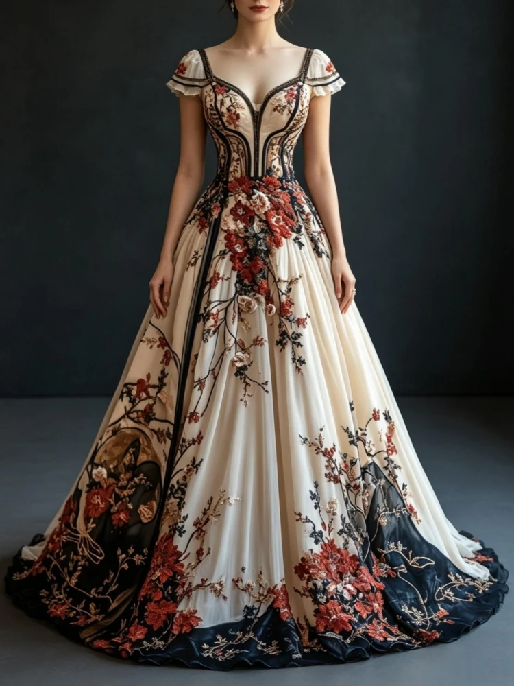 Luxuriöses Abendkleid für Damen mit Blumenmuster, Herzausschnitt, kurzen Puffärmeln, A-Linie, bodenlang, Vintage, formelles Ballkleid für Partys