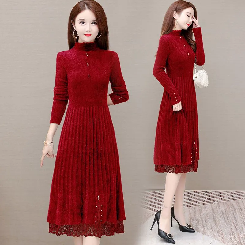 Mink-like Knitwear Women's Dress Autumn Winter 2025 New Female Long Sweater Slim Vestidos Semi-high Collar Bottoming Undershirts