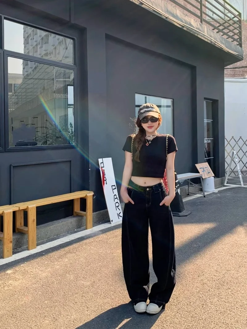 

Американские джинсы с широкими штанинами, женские свободные утягивающие повседневные брюки длиной до пола, глубокий цвет, свободный крой, размер-стойка