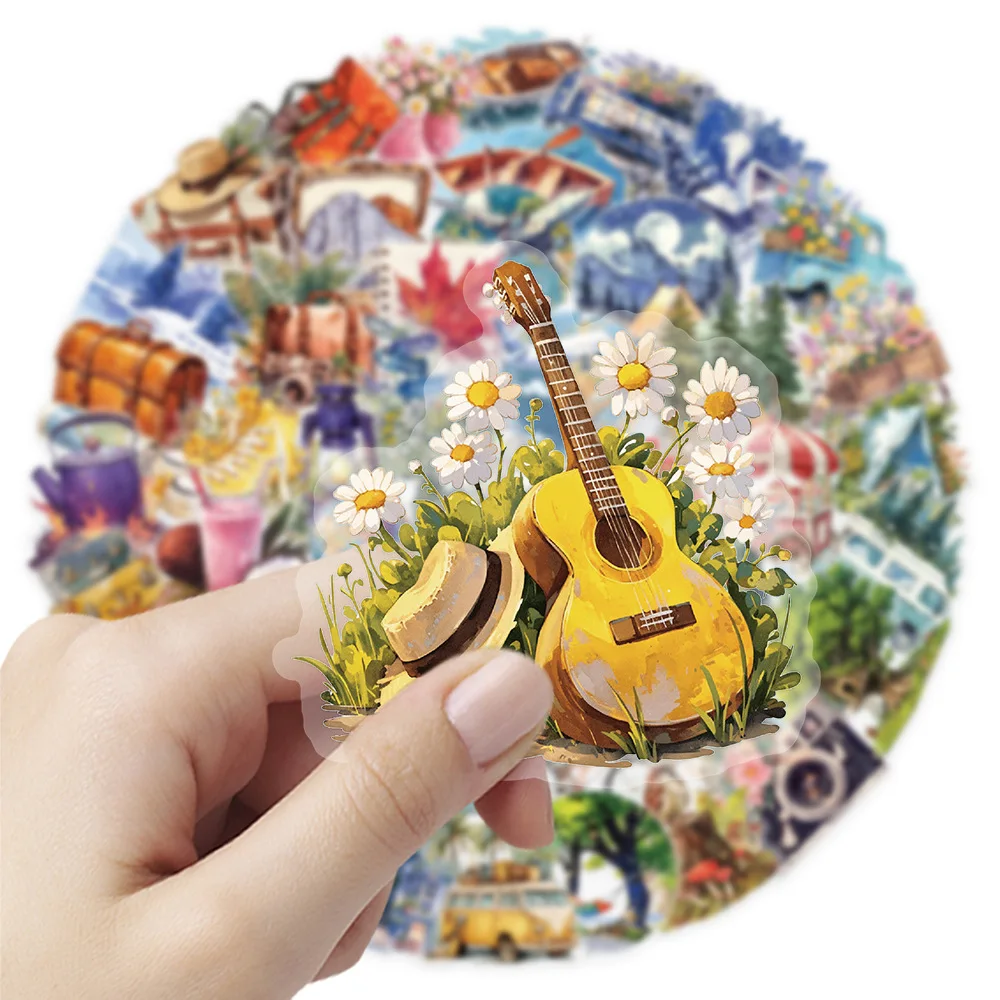 

50PCS Watercolor Style Outdoor Travel Stickers Cartoon Doodle Waterproof Transparent Stickers Decal Kids Toy DIY Bicycle Scooter