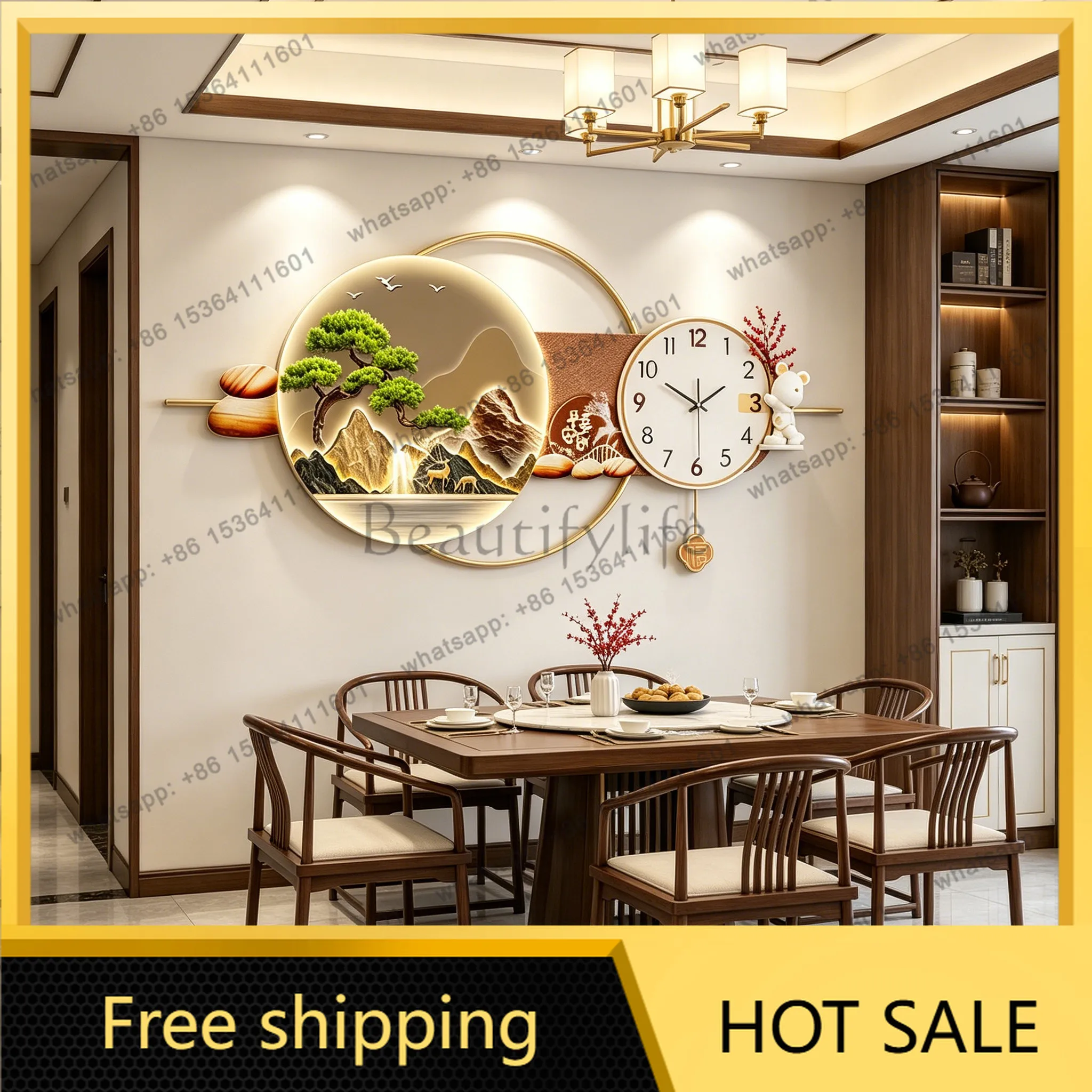 LJY Chinese Style Dining Room Wall Clock Silent Quartz Modern Art Decorative Painting Dining Background Wall Hanging Home Decora