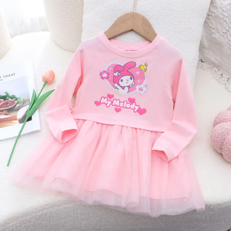 Cartoon Sanrioed Kuromi Mädchen Reine Baumwolle Langarm Kleid Kawaii My Melody Süße Prinzessin Rock Kinder Mode Gaze Kleid Geschenk