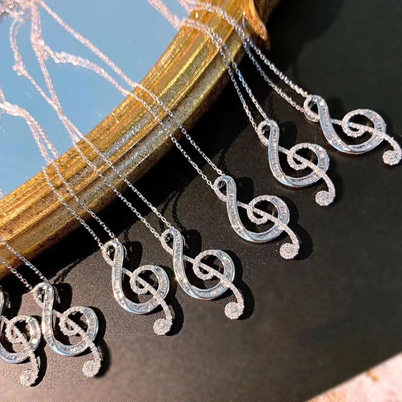 925 Sterling Silver Full Zircon Stone Pendant Necklaces Fashion Female Dropshipping Crystal Musicial Note Jewelry for Girl Women
