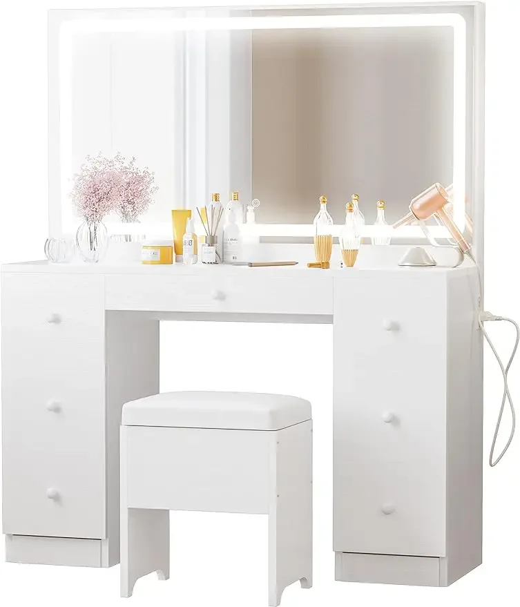 

Vanity Desk Set with LED Lighted Mirror & Power Outlet, 7 Drawers Makeup Vanities Dressing Table with Stool, for Bedroom