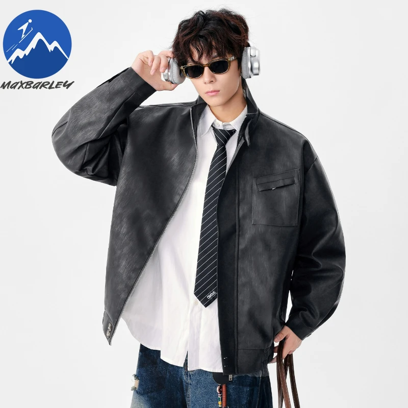 Maxbarley Men Leather Jacket High Quality Design Riding  Leisure Pocket Lapel PU Coat Male Thin Leather Clothing Motorcycle Coat