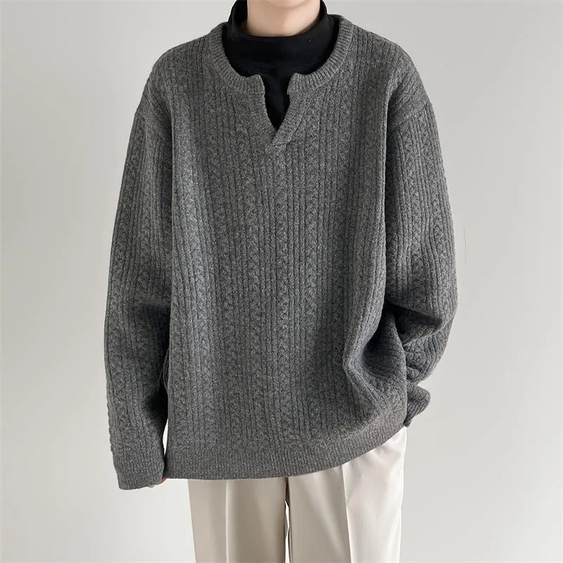 2025 Autumn Winter New Men Small V Neck Texture Jacquard Pullover Sweater Loose Warm Lazy Style Fashion Top