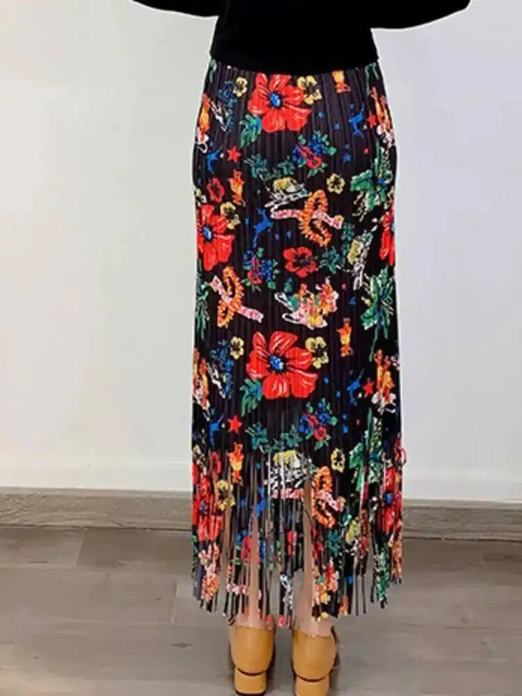Flower Fashion Printed Pleated Tassels Skirt For Women High Elastic Waist Skirts Female Clothing 2025 Spring New XCKU