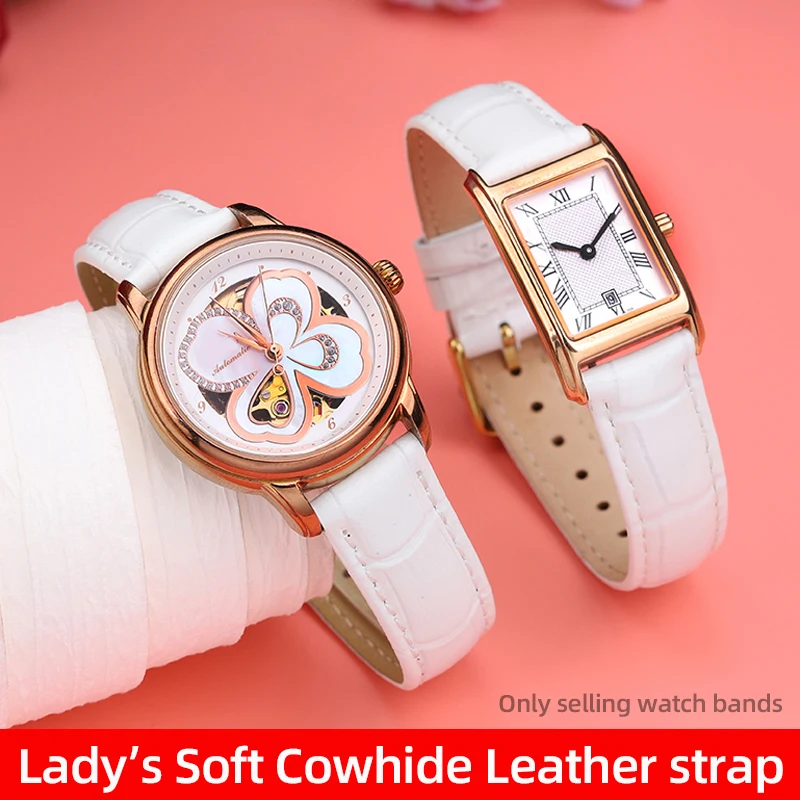 Universal Replacement Leather Watch Strap White Cow Watchband for Men Women 12/14/15/16/17/18/20mm Wristbelt For Tissot Cartier