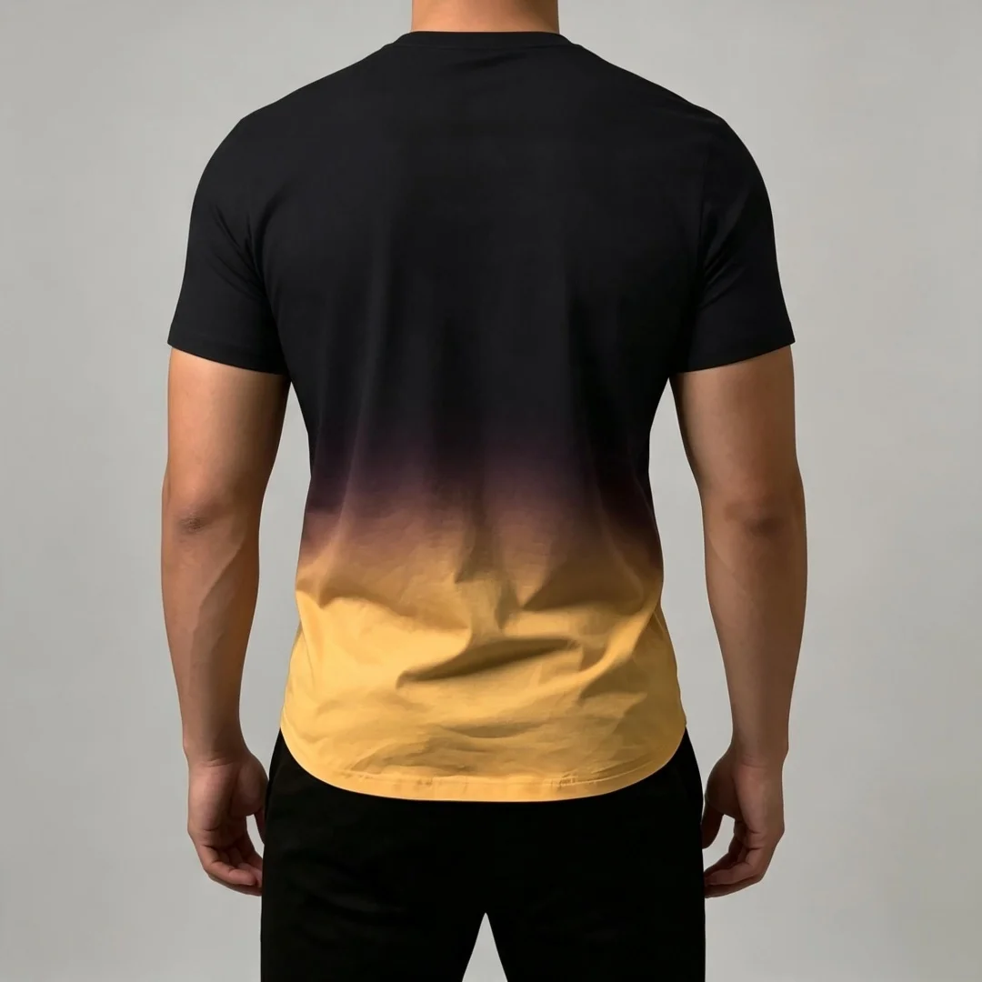 Men Black Yellow Gradient Crew Neck T-Shirt Whatever Cursive Letter Print Casual Tee