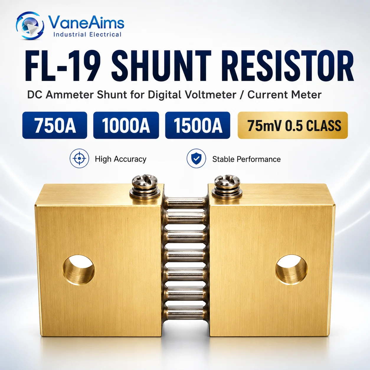 VaneAims FL-19 Shunt 750A 1000A 1500A 75mV DC Ammeter Shunt Resistor for Digital Voltmeter Current Meter