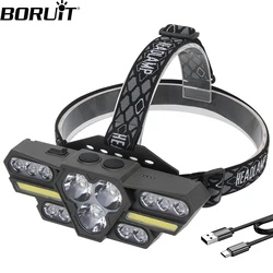 BORUiT 15 LEDs 2000LM Powerful Headlamp Type-C Rechargeable Headlight Red Light Head Torch Waterproof Fishing Running Lantern