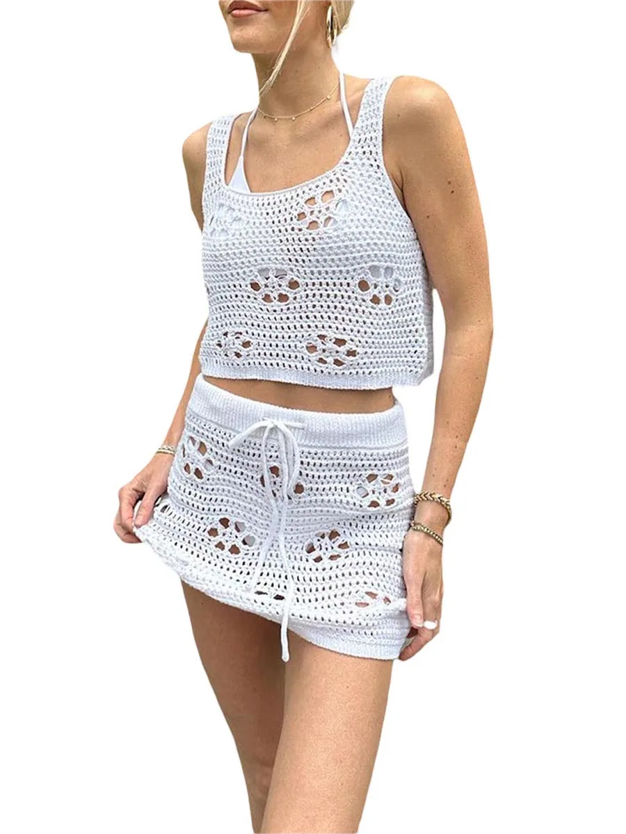 Y2K Crochet Knit Skirt Set for Women Clubbing 2 Piece Outfits Cute Going Out Matching Sets Hollow Out Beachwear (G-White L)