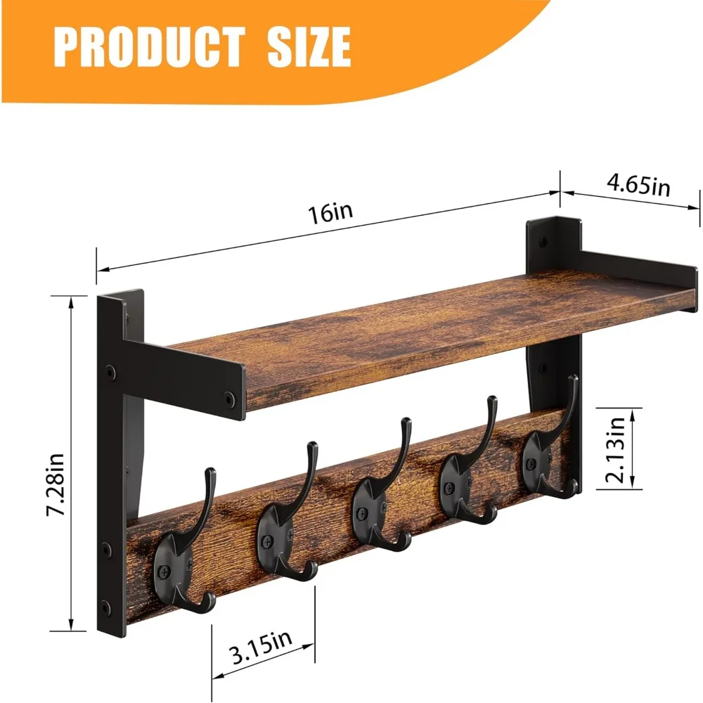 Ganchos de parede com prateleira, cabide de madeira com prateleira de parede, prateleiras suspensas de entrada com 5 ganchos de metal para roupas, chapéus towe