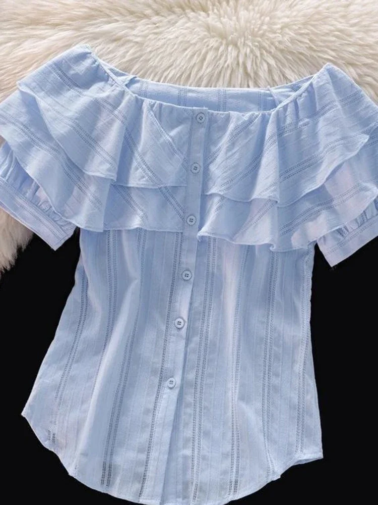 

Ruffles Sexy Off Shoulder Shirt Women Casual Short Sleeve Summer Elegant Blouse Korean Female Vintage Sweet Design Tops
