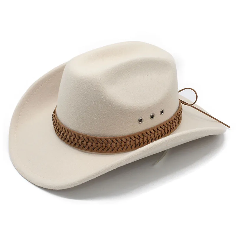 British Style Woolen Hat for Women, Casual Curved Brim Tibetan Felt Hat, Vintage American Western Cowboy Hat, White Hat