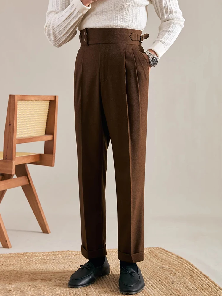Trendy High Waist Belt Design Suit Trousers For Mens Spring Fall Casual Solid Color Pleated Slim Pants Men Vintage Straight Pant