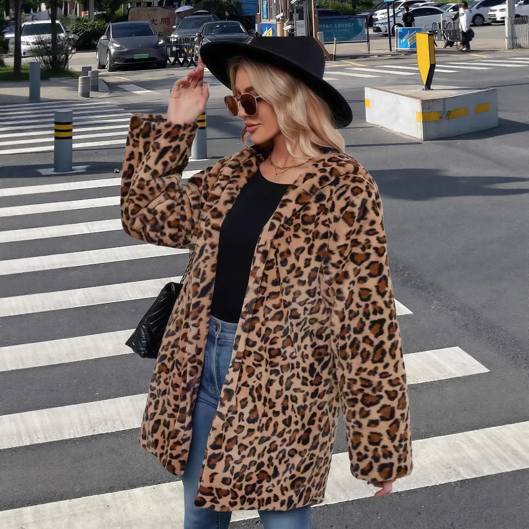 المال القديم الشتاء النساء معطف الفرو البيئي ليوبارد طباعة مقنعين جيوب الإناث ايكو الفراء سترة كول عالية الشارع فرو المنك أبلى لسيدة #3
