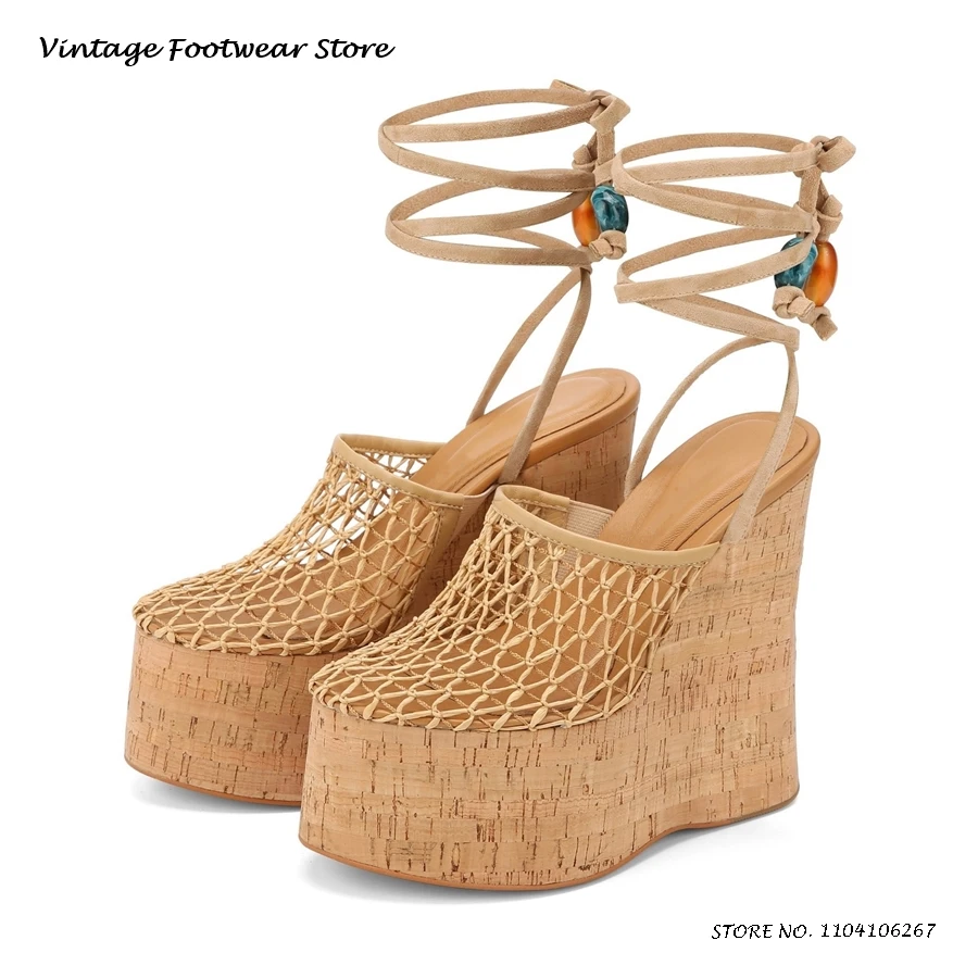 Fishnet Platform Wedge Sandals Bohemian Round Toe Height Increasing Casual Shoes Spring Summer Beads Lace-up Fashion High Heels